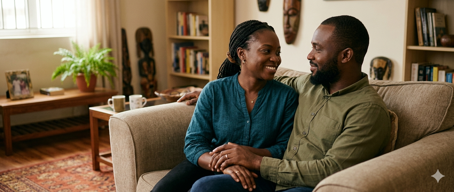 Wife and husband reconnecting warmly